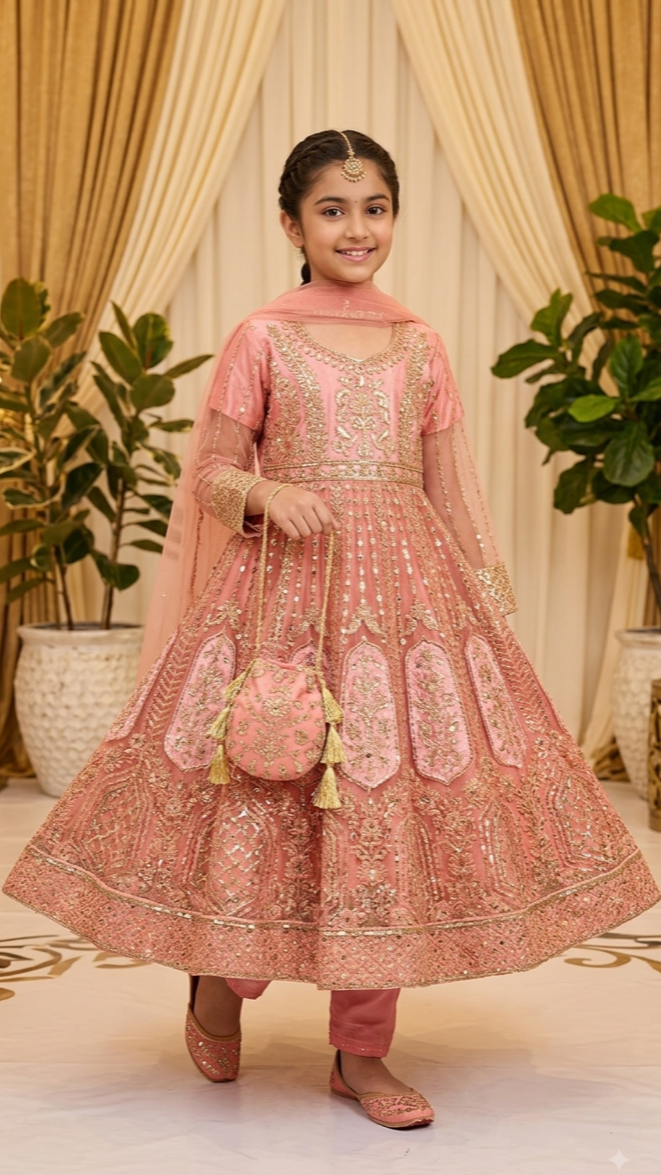 4 Piece Stitched Luxury Embroidery Long Frock Wedding collection With Pouch.