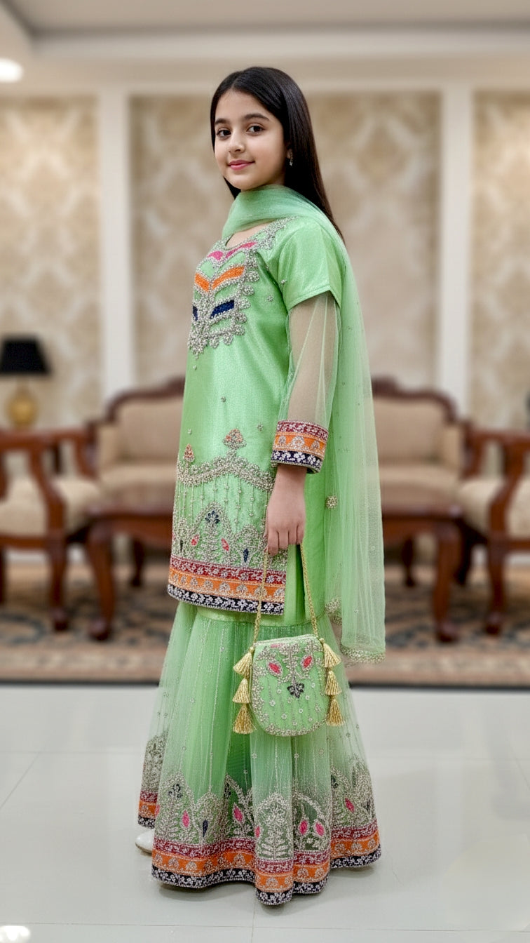 4 piece Satin Silk, kasab Net Embroidery Gharara Suit With Pouch.