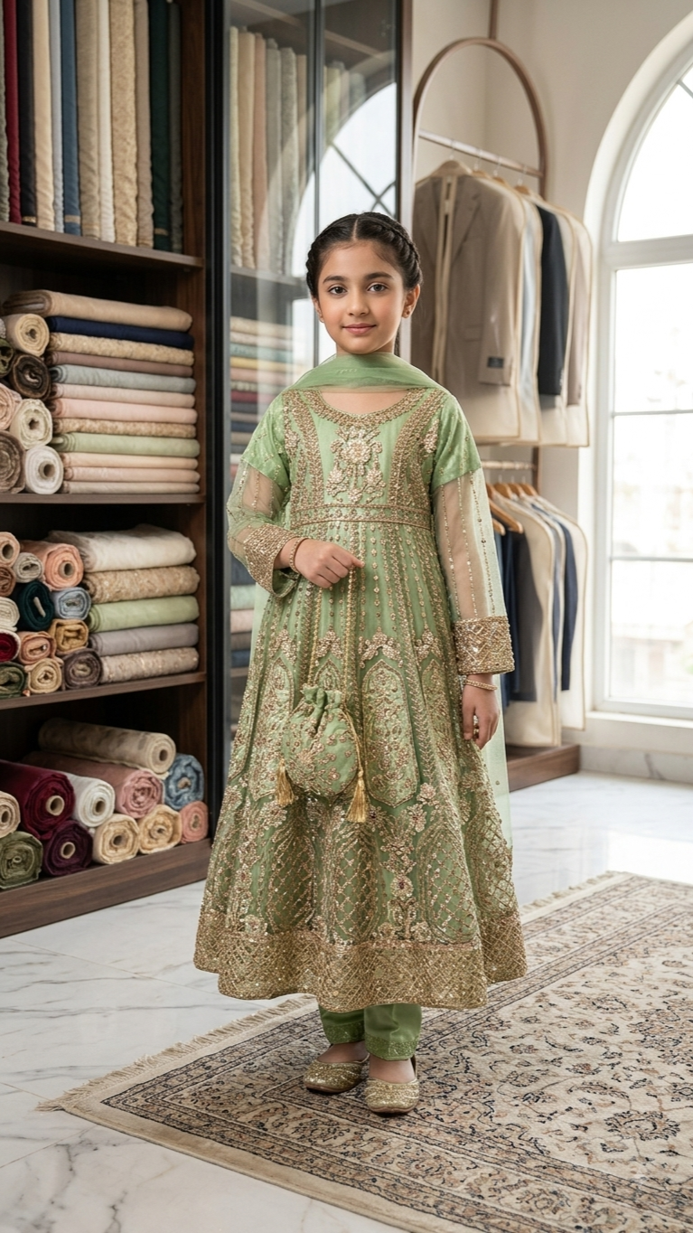 4 Piece Stitched Luxury Embroidery Long Frock Wedding collection With Pouch.