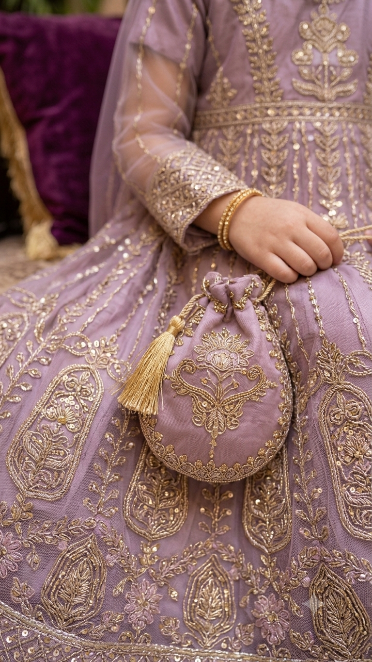 4 Piece Stitched Luxury Embroidery Long Frock Wedding collection With Pouch.