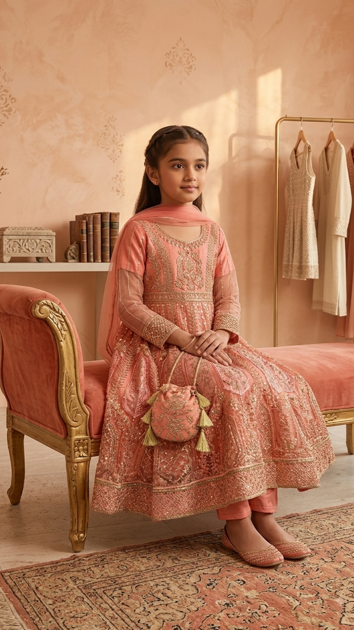 4 Piece Stitched Luxury Embroidery Long Frock Wedding collection With Pouch.
