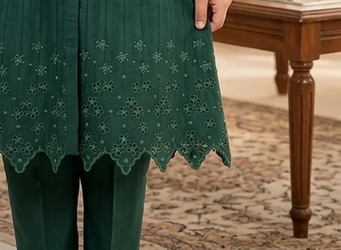 2 Piece Schiffli Cutwork Daman Hem Cotton Lawn Dress.